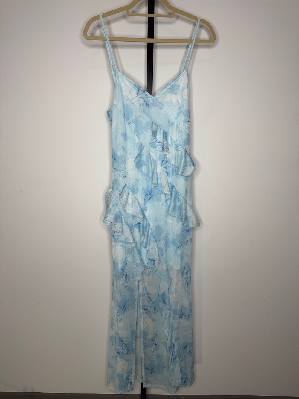 SHEIN Light Blue & White Floral Ruffle Slip Dress
